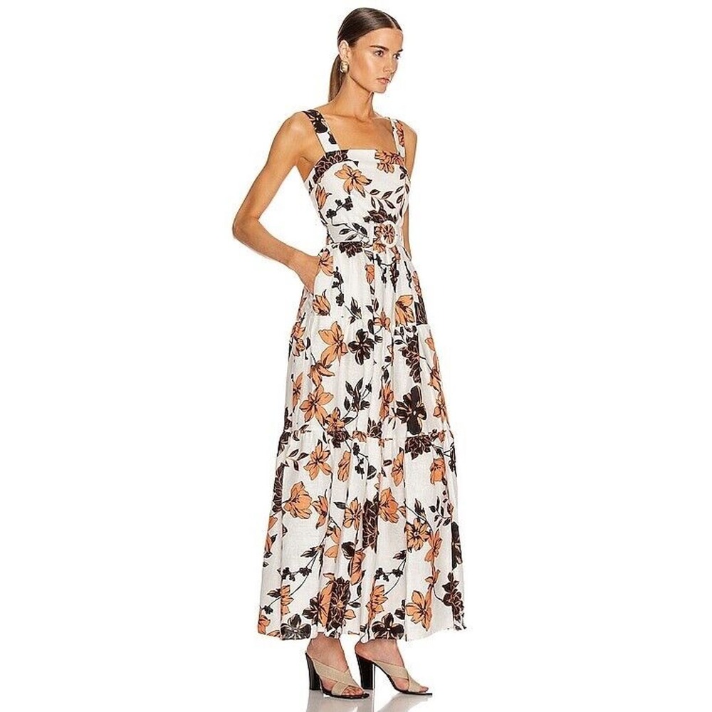 Nicholas Tiered Floral Linen Maxi Dress w/ Pockets Sz 10 Neutral Boho Prairie